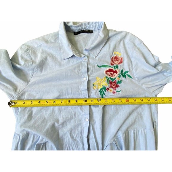 Zara Womens Shirt Maxi Duster Medium Blue Embroidered Floral Collared Tie Front - Picture 10 of 12